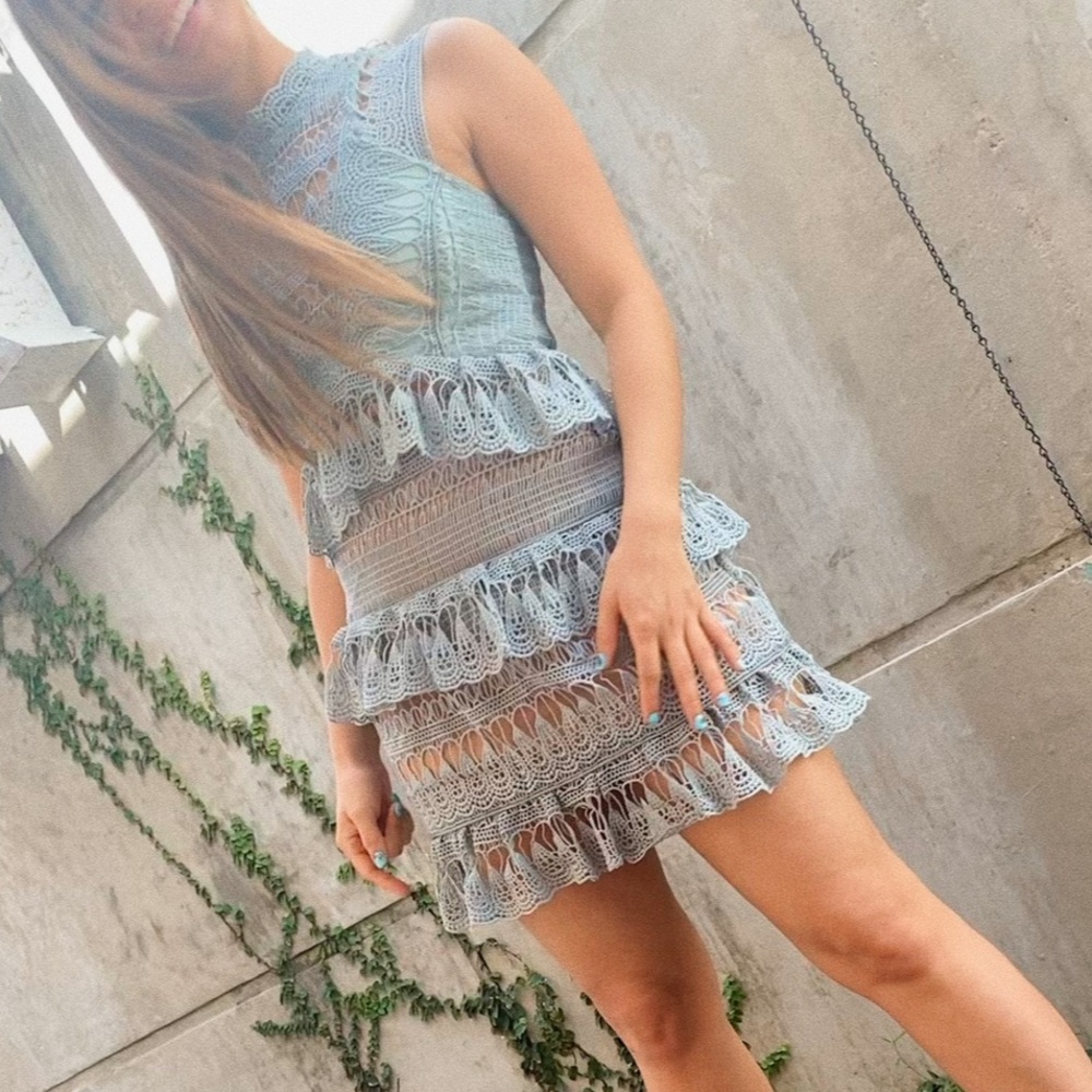 Romantic Blue Lace Cocktail Dress XS Embroidered Tiered Ruffle Wedding Cocktail
